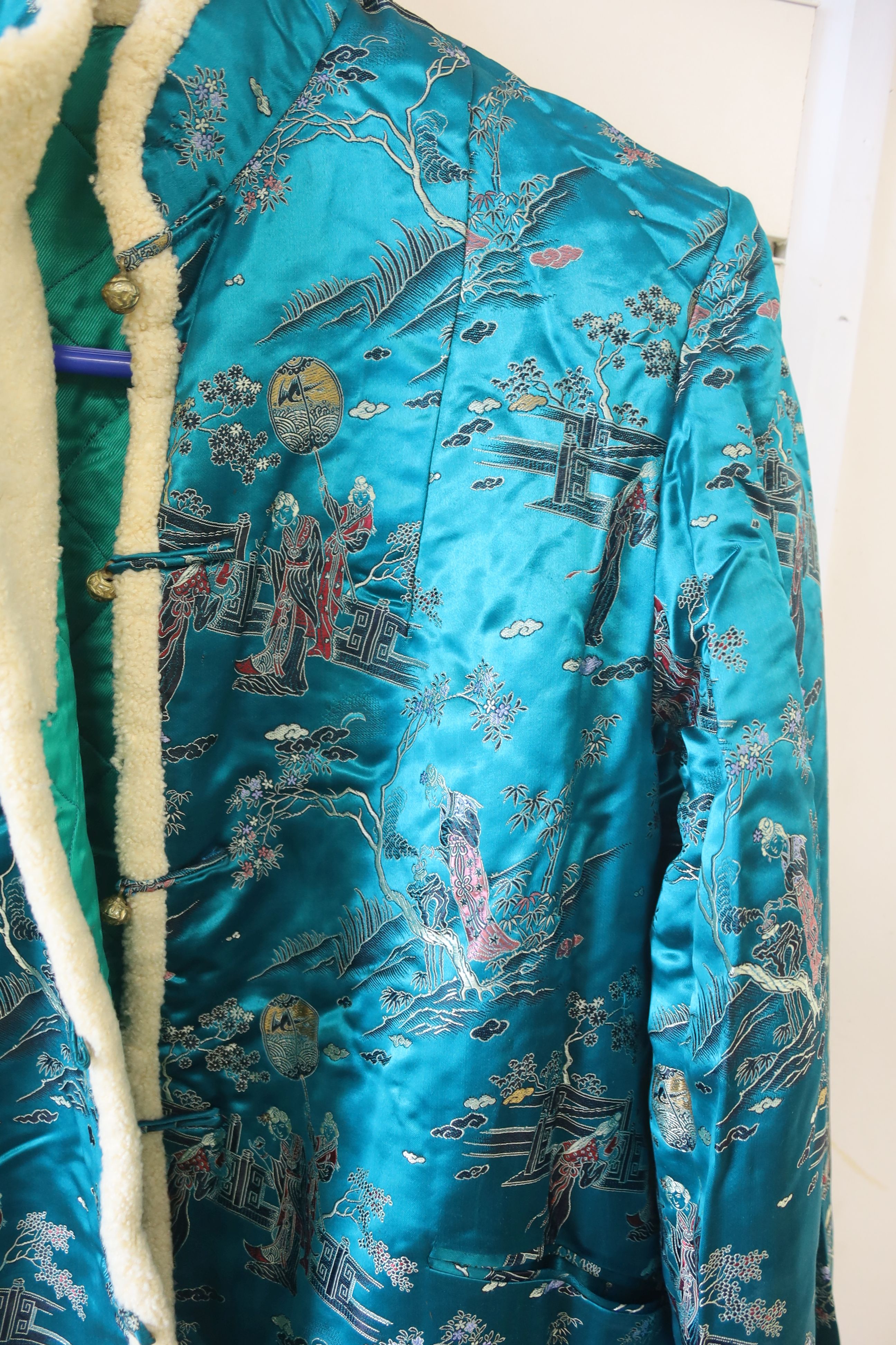 A Chinese turquoise silk damask Chinese robe / jacket, length 67cm, and a later 1940's coloured brocade jacket